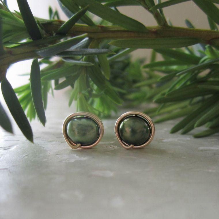 Green Freshwater Pearls and Gold Filled Stud Earrings